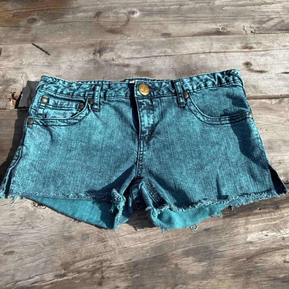 Free People Size 30 Turquoise Dark Wash Distressed Denim Cutoff Shorts Raw Hem